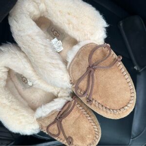 UGG Beige Suede Slippers with Fur Lining